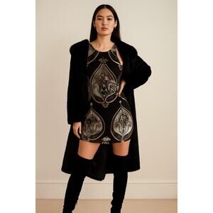 Lavender Brown Velvet & Crepe Paisley Sleeveless Mini Shift Dress Black XS NWT